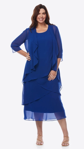 Layla Jones - LJ0148 Midi Chiffon Layer Dress with Jacket Mid Length Cut ElasticCuffs