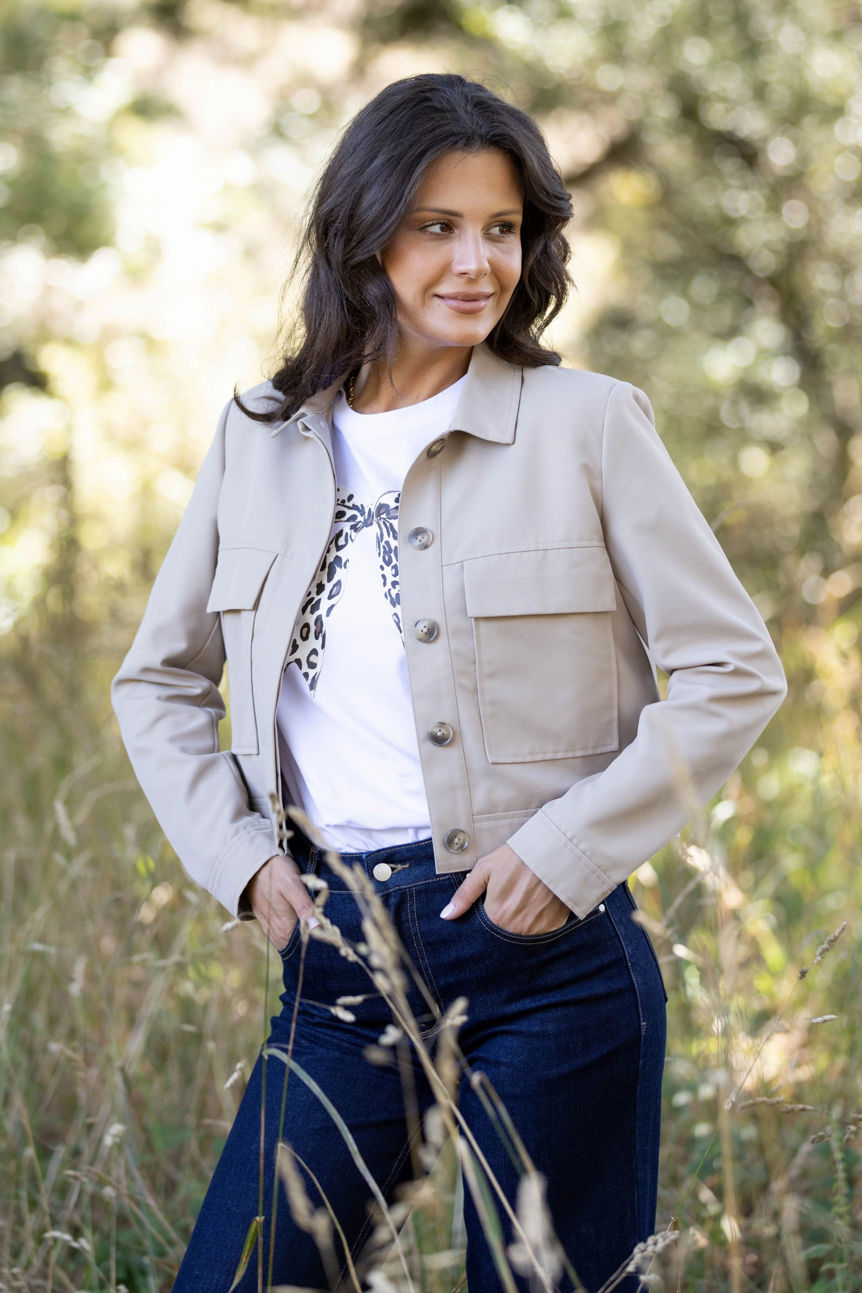 NonRestrictiveFit Shine On Label Eckles Cropped Utility Jacket- Mocha