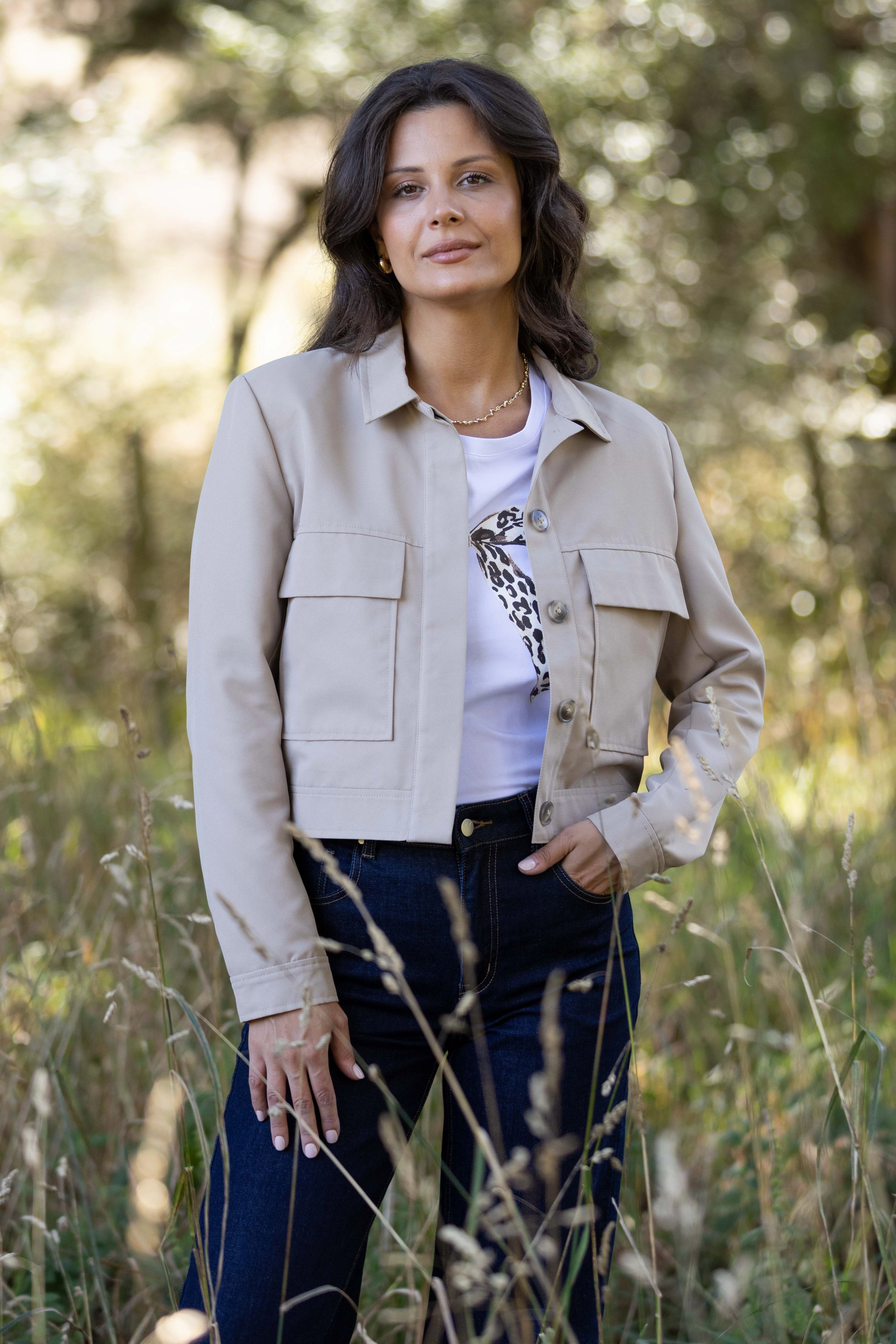 Noise Free Zipper Packable Construction Shine On Label Eckles Cropped Utility Jacket- Mocha