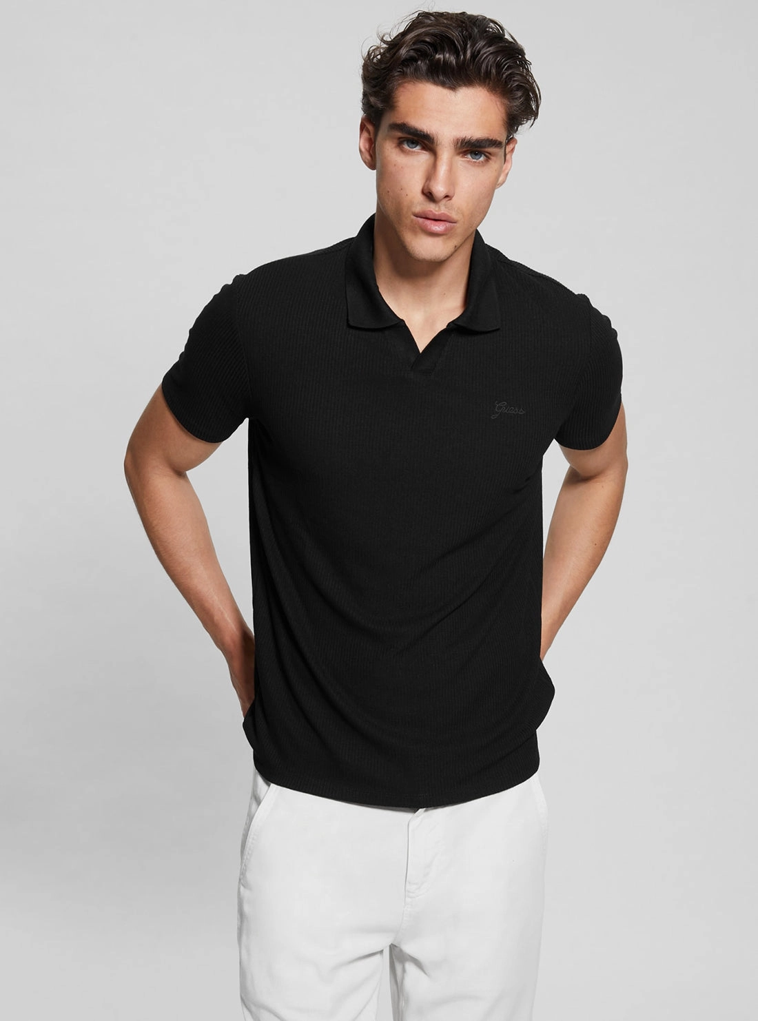 Ribbed Trim Details Black Ryker Rib Knit Polo T-Shirt