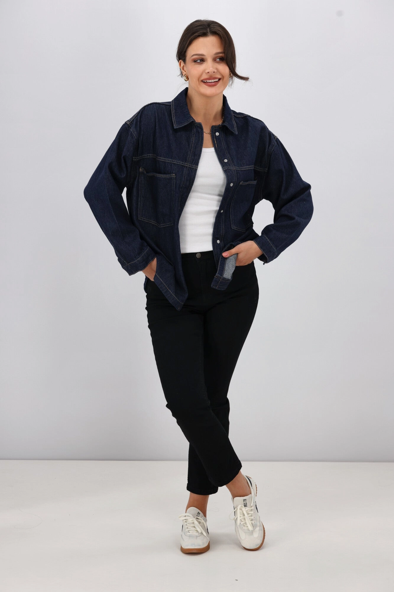 ONLY Emmie L/S Shirt Rinse Denim Breathable Mesh Panels Neutral Style