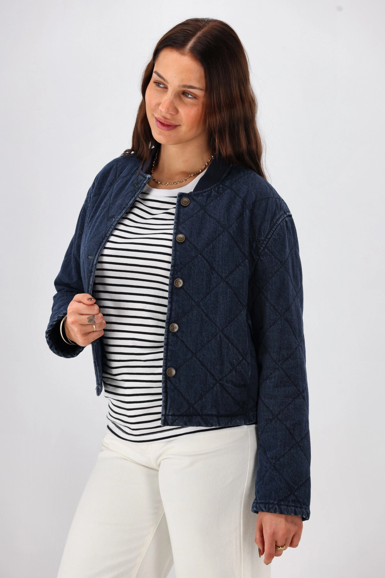 HypoallergenicMaterial Easy Care Machine Washable Shine On Label Niko Quilted Denim Bomber Jacket