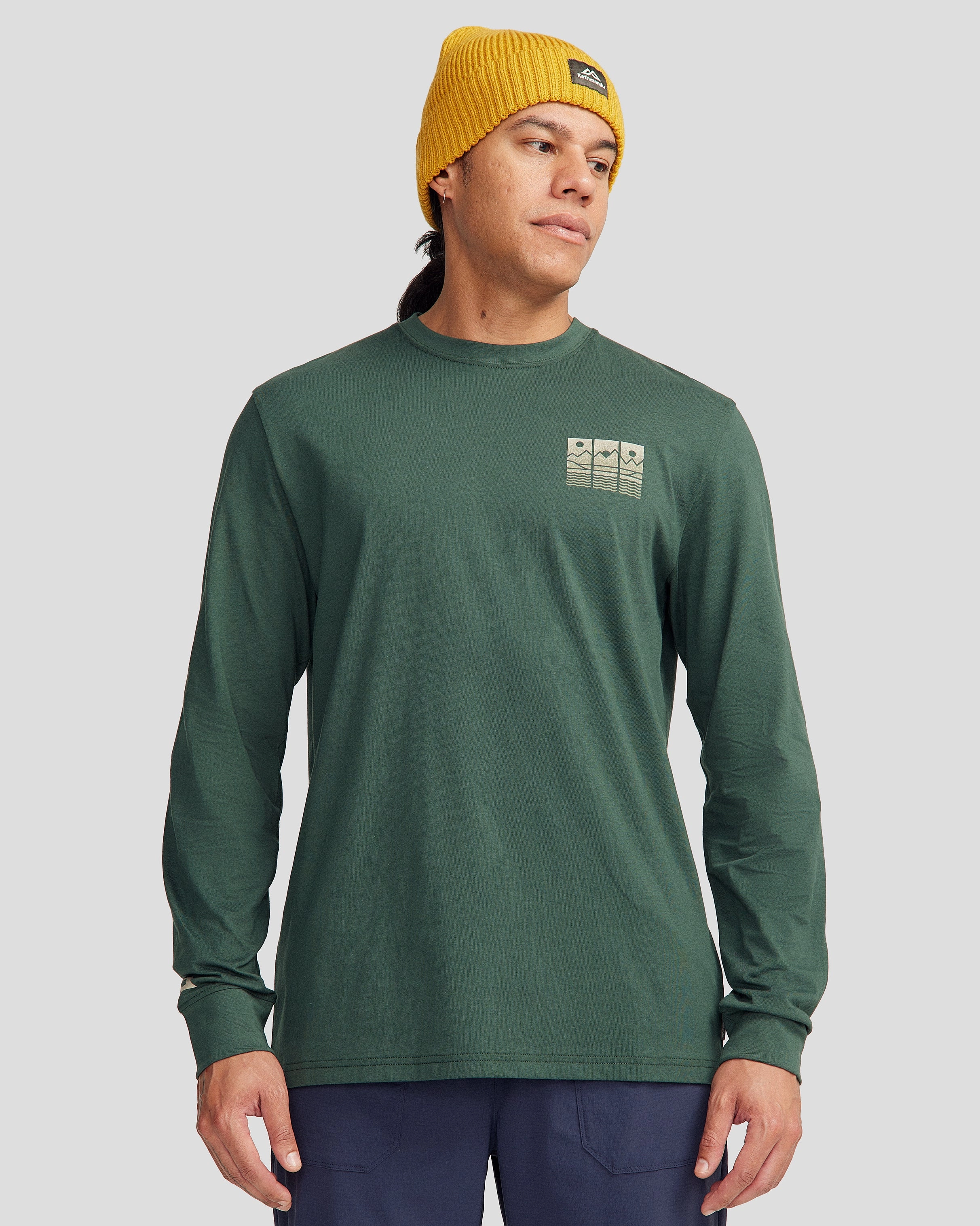Men's Mountain Triptych Organic Cotton Long Sleeve T-shirt - Deep Forest Easy Care Fabric