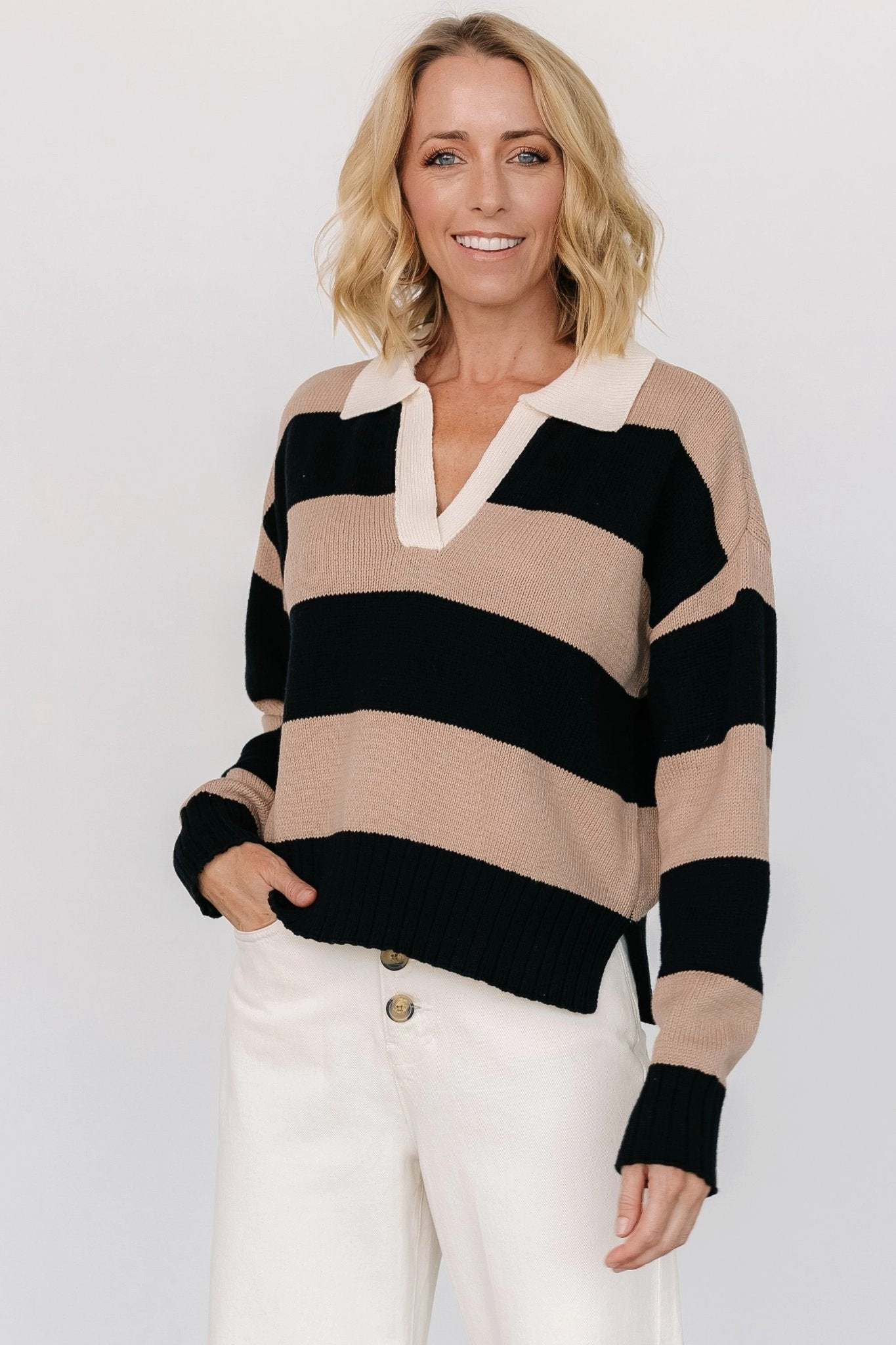 Non Restrictive Fit Alec Striped Sweater | Black   Mocha