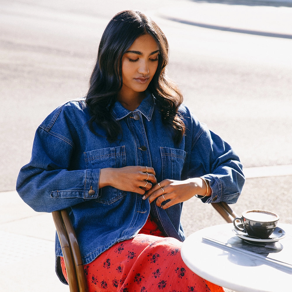 All About Eve Dale Shacket Heritage Blue Full Length Zipper