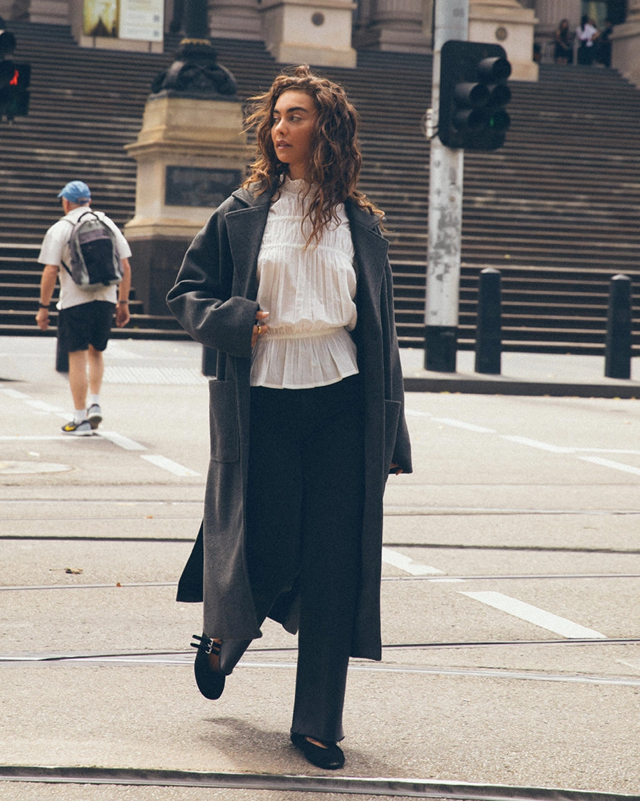 All About Eve Dion Coat Charcoal Smooth Glide Fasteners Eco Certified Textile