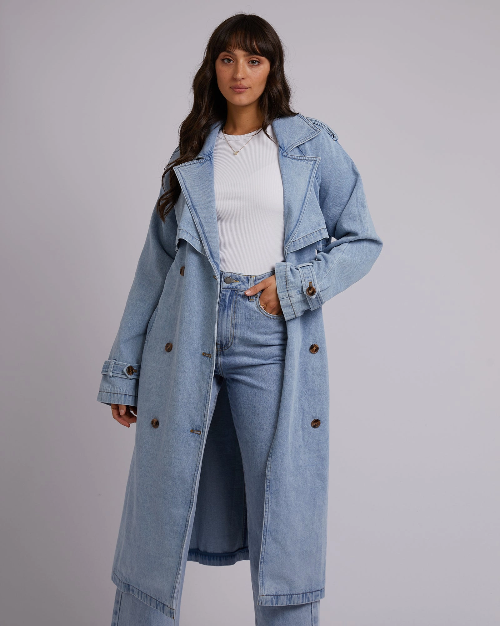Easy Care Finish Adjustable Cuff Design All About Eve Rio Trench Coat Light Blue