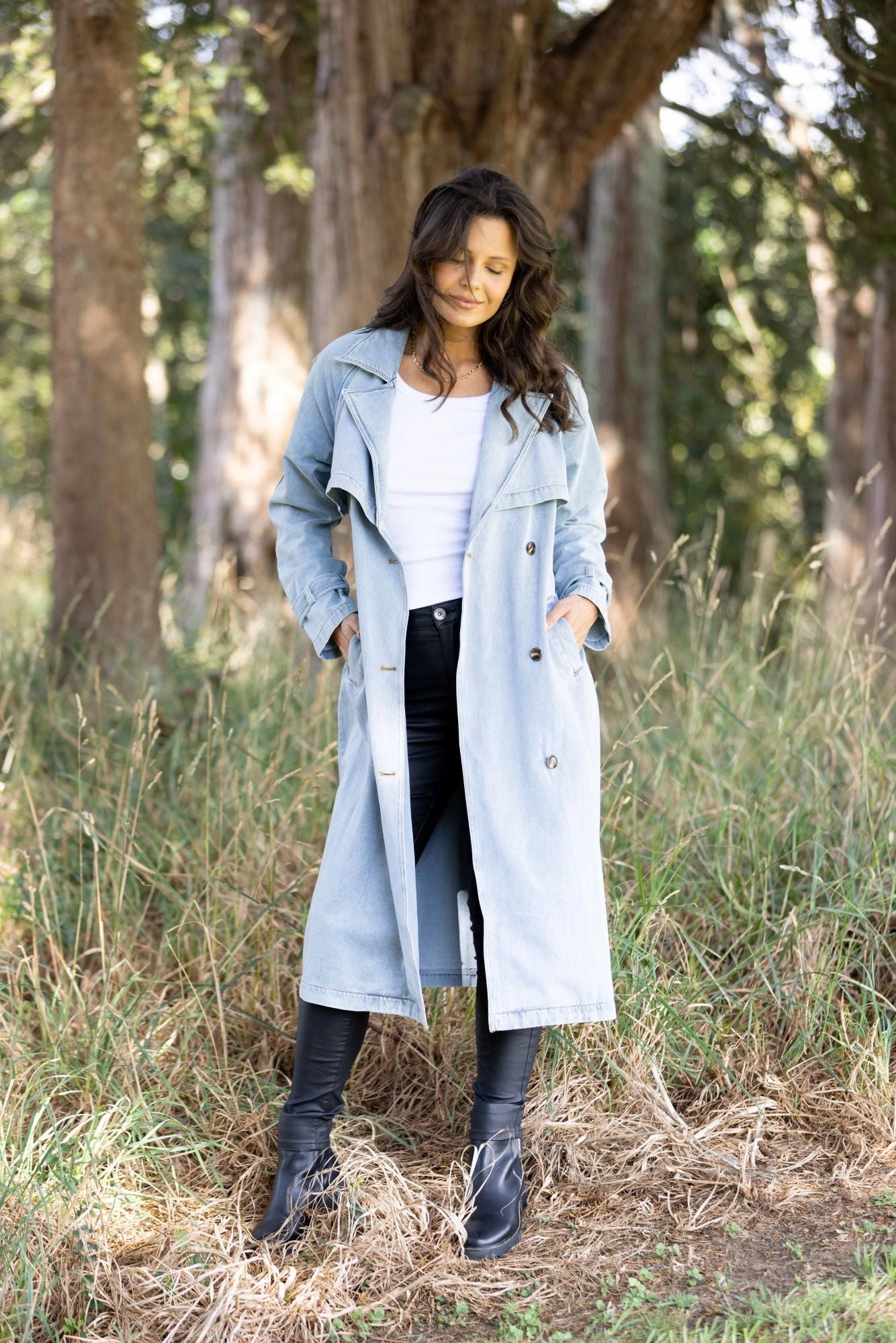 All About Eve Rio Trench Coat Light Blue Simple Look RibbedTrims