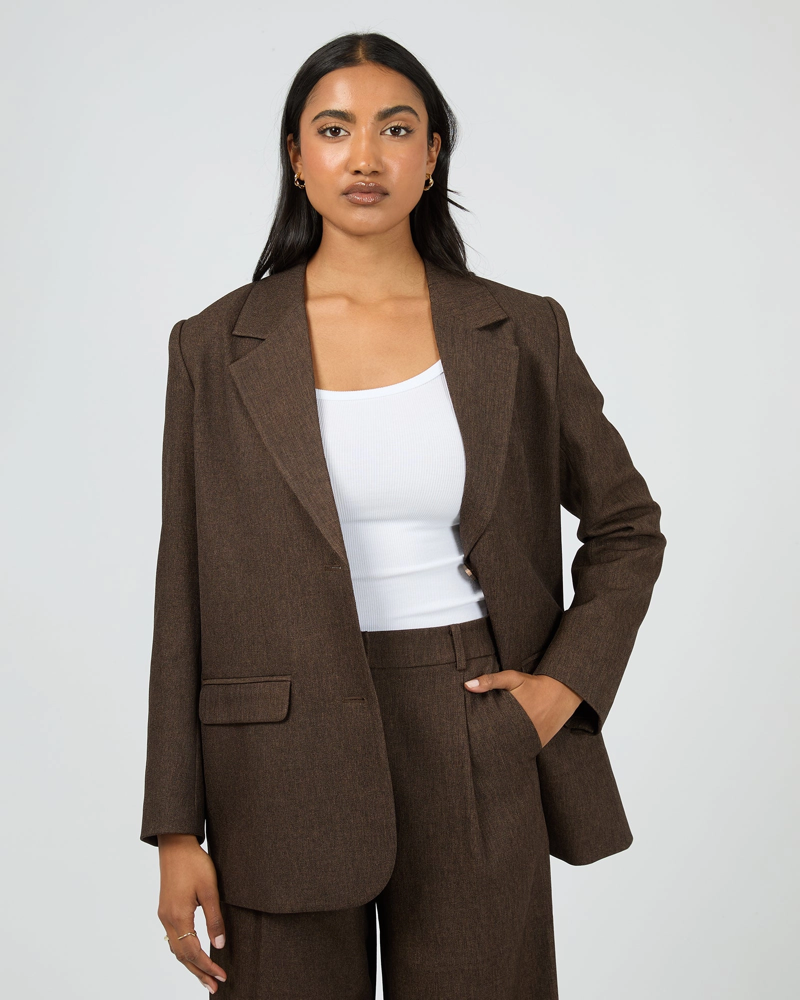 All About Eve Romy Blazer Brown Kangaroo Pocket Anti Pilling Finish