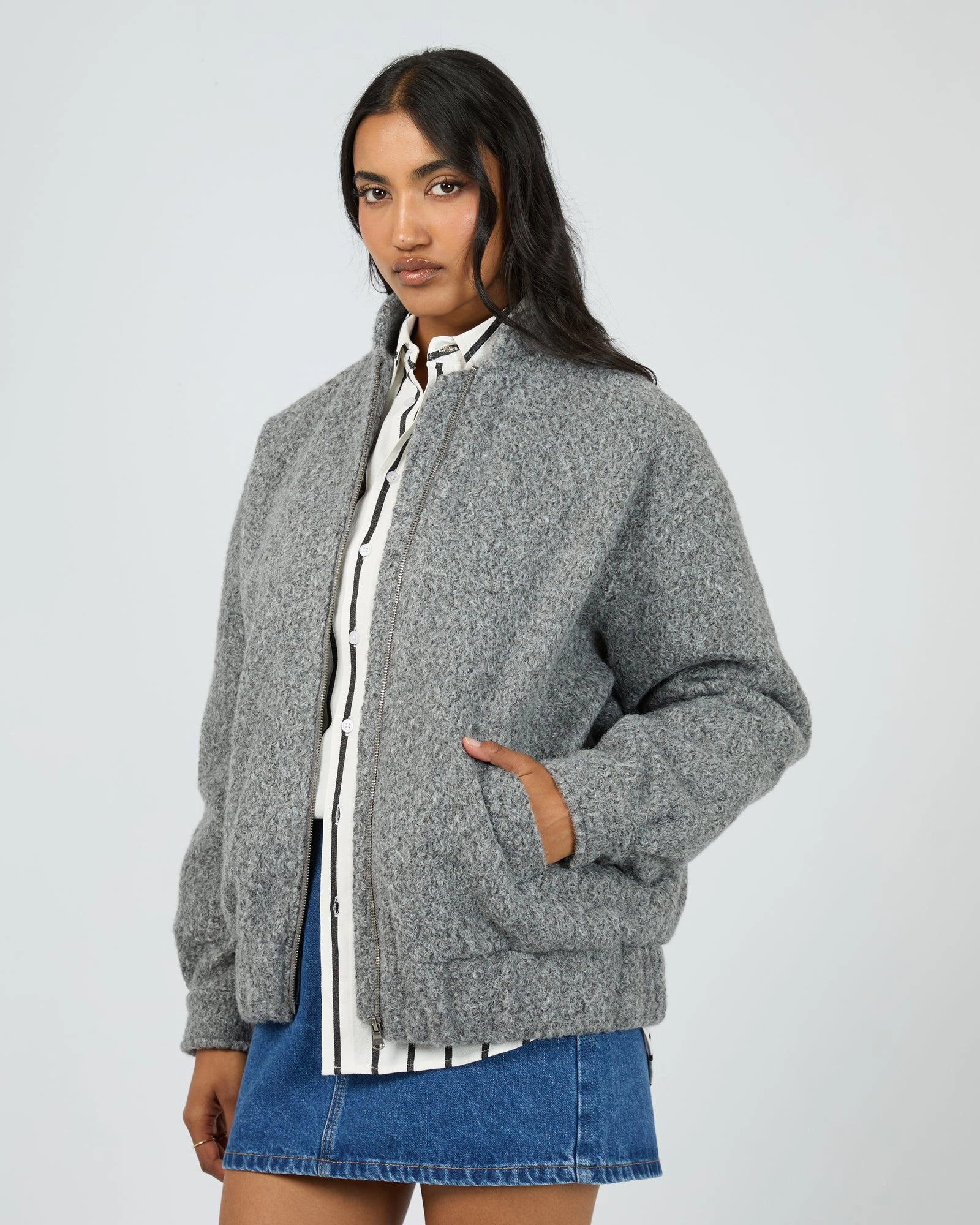 Comfort Fit All Season Adaptability All About Eve Tahlea Bomber Jacket Grey Marle
