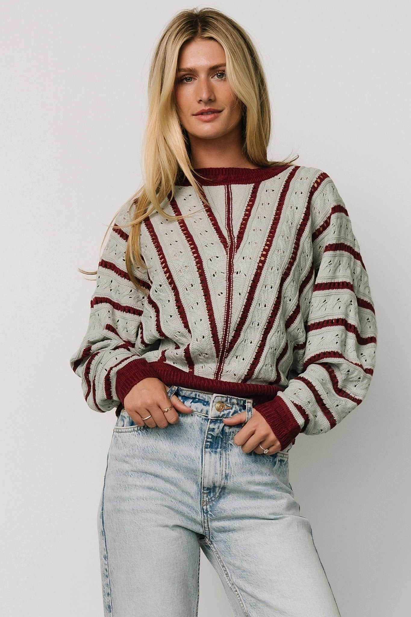 Paola Pointelle Sweater | Light Blue   Burgundy Wrinkle Resistant Knit