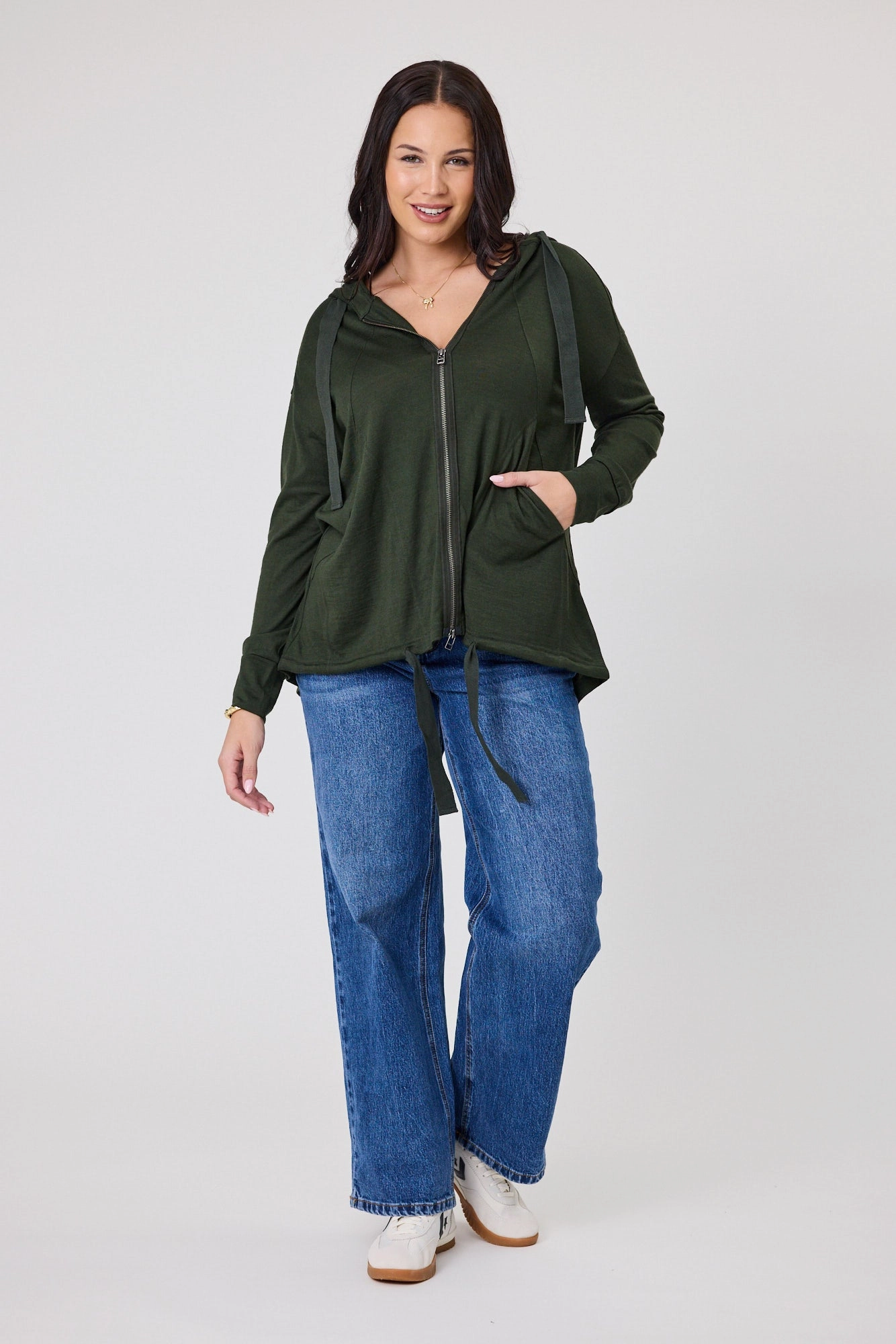 Transitional Weather Piece Minimalist Design Alpine by Shine On Brooks Zip Front Hoodie Olive