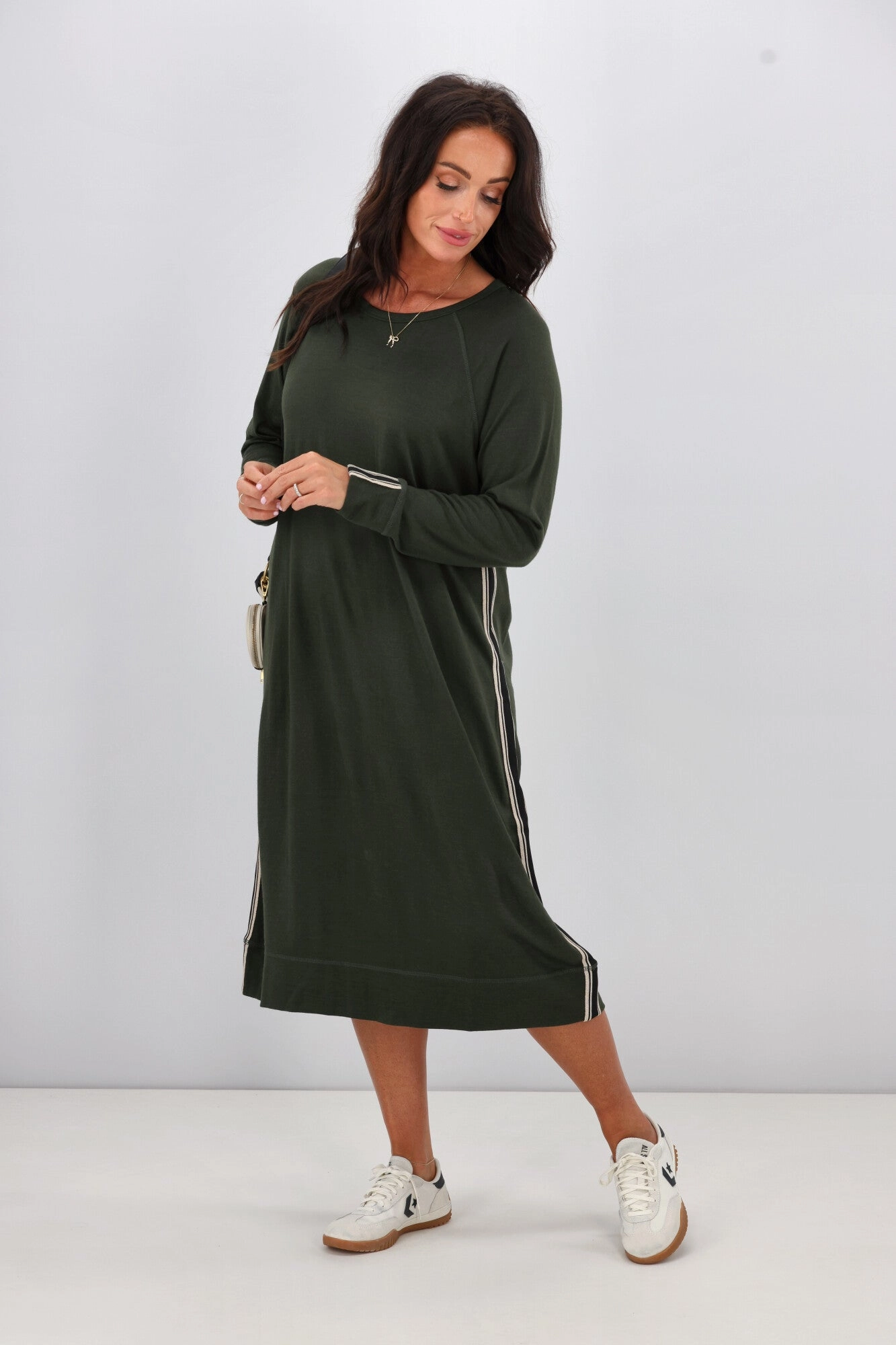Alpine by Shine On Neve Stripe Detail Merino Dress Olive Detachable-Detail Stretch-Recovery