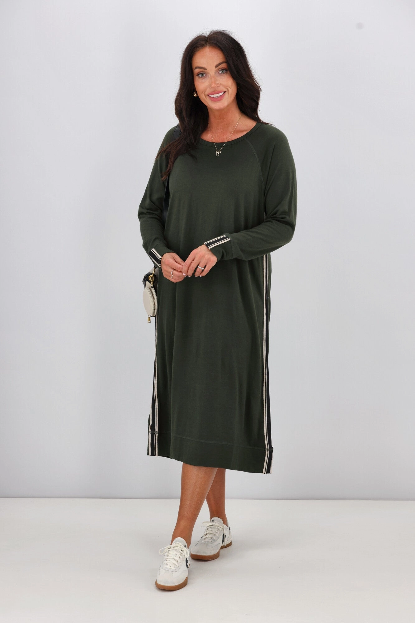 Delicate Touch Subtle-Print Alpine by Shine On Neve Stripe Detail Merino Dress Olive