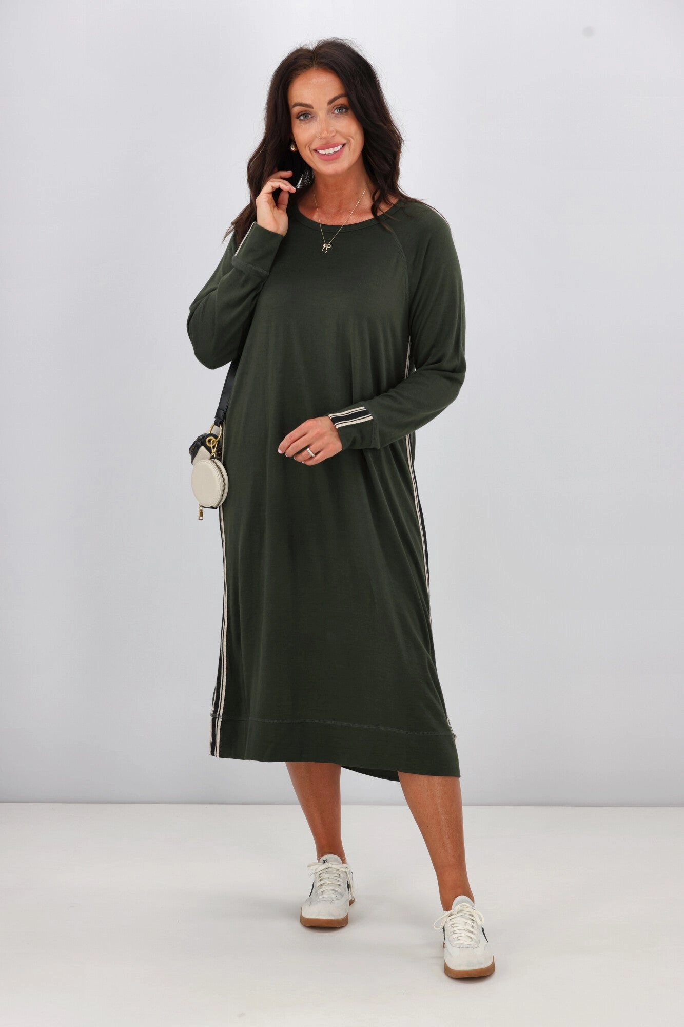 Subtle Elegance Alpine by Shine On Neve Stripe Detail Merino Dress Olive