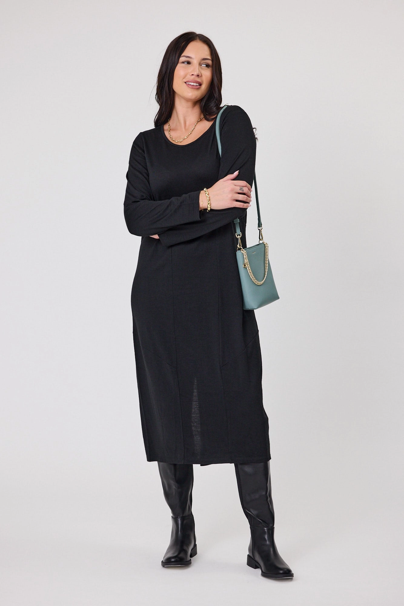 Alpine by Shine On Riviera Merino Cocoon Dress Black Soft Pleats Summer Soft