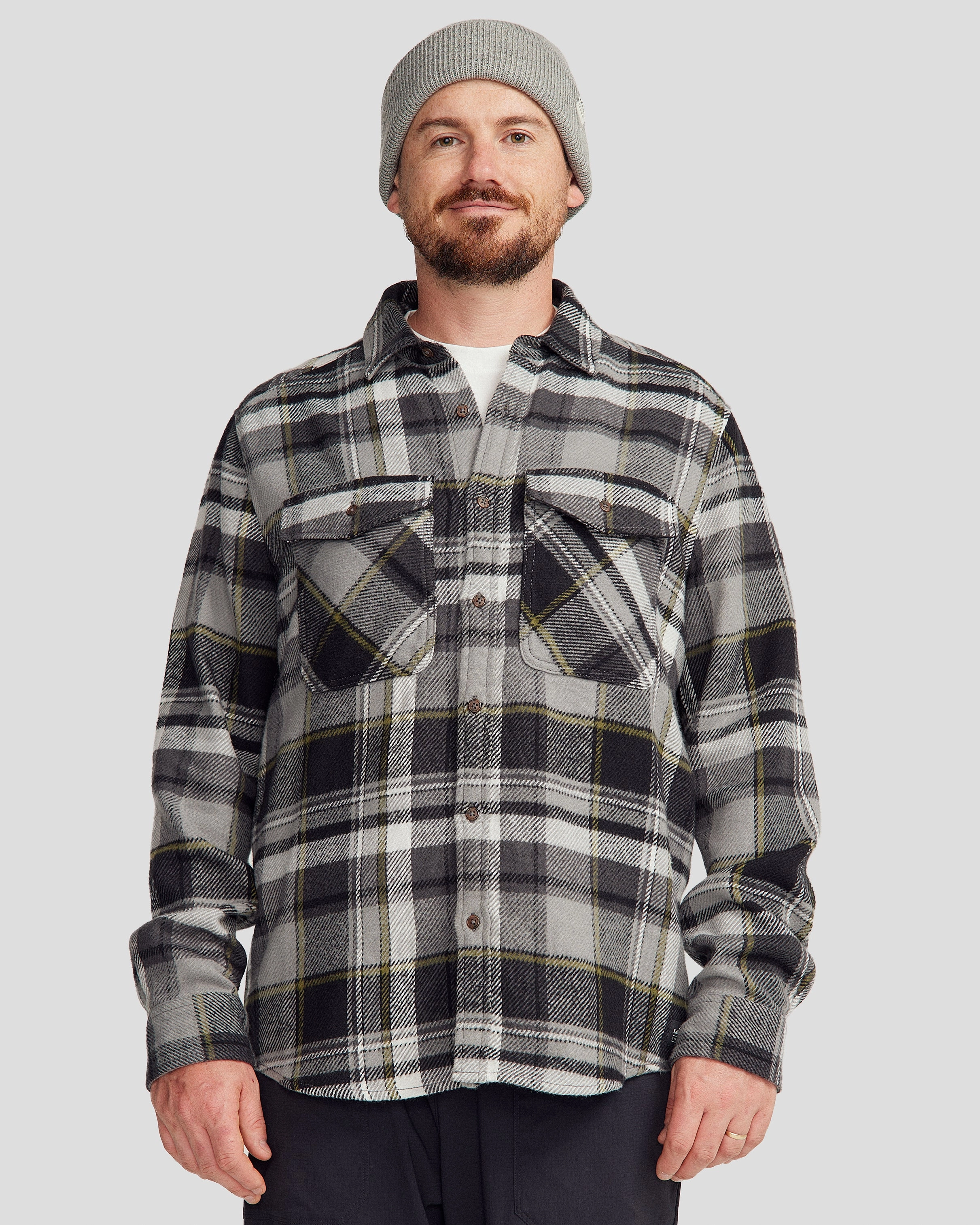 Tailored Cut Soft Stretch Collar Men's Huntly Long Sleeve Shirt - Hut Plaid Steel Grey