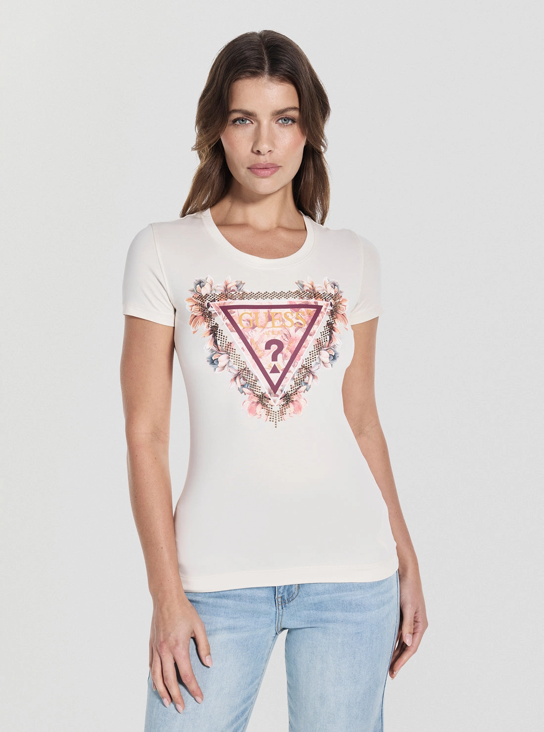 Ribbed Collar Style Eco White Triangle Flowers T-Shirt