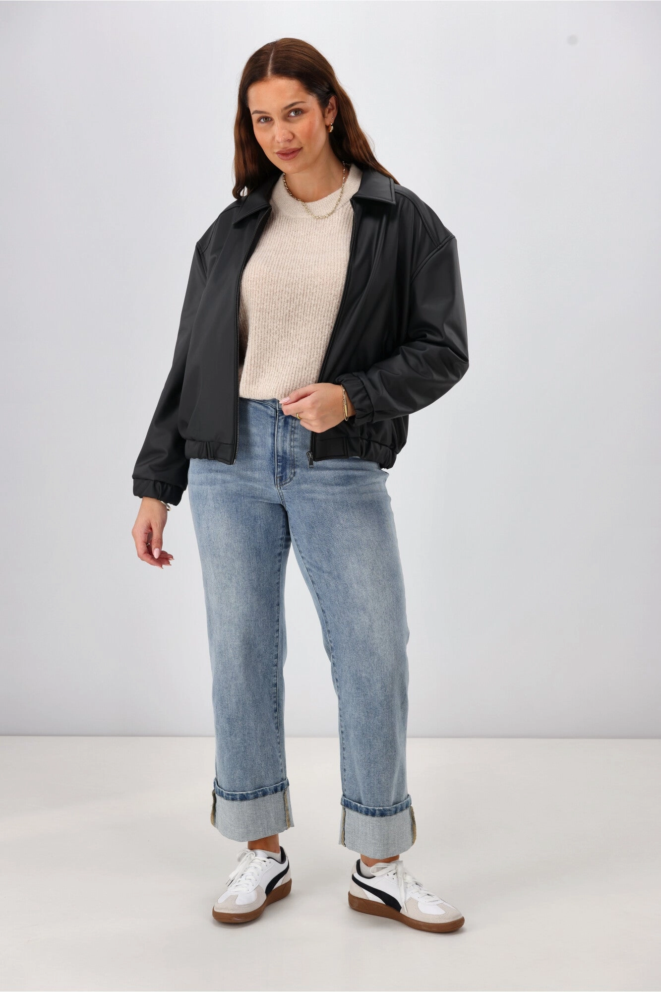 High Visibility Trim Checkered Style Shine On Label Aidia Pleather Jacket Black