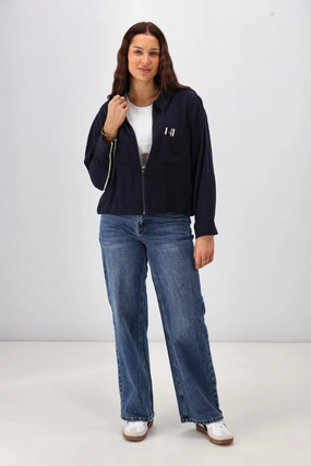 Cotton Twill Stretch Weave Fabric Shine On Label Lulu Zip Collared Jacket Midnight