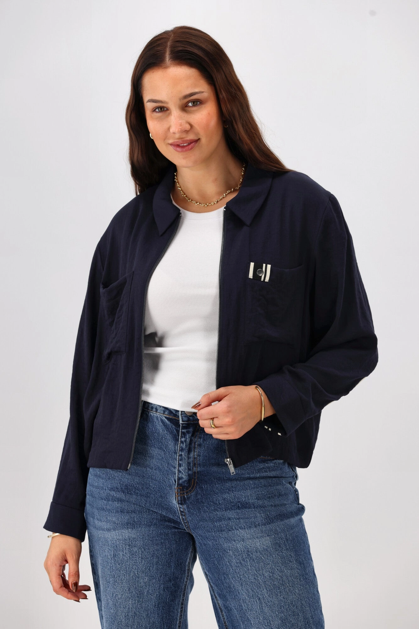 Shine On Label Lulu Zip Collared Jacket Midnight fall season snap closure