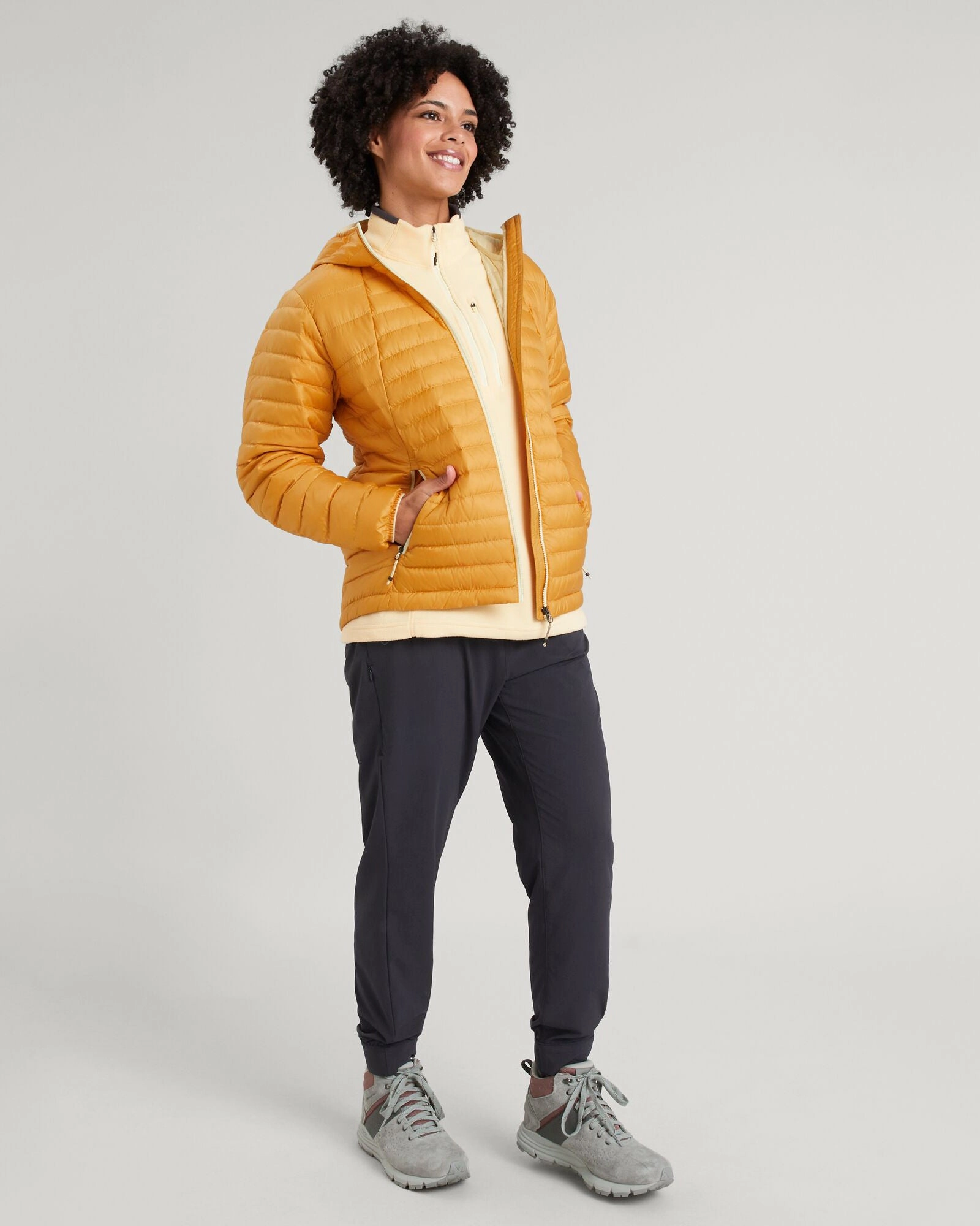 SoftshellTexture Glow In The Dark Trim Women's Heli R Hooded Down Jacket - Mustard Yellow