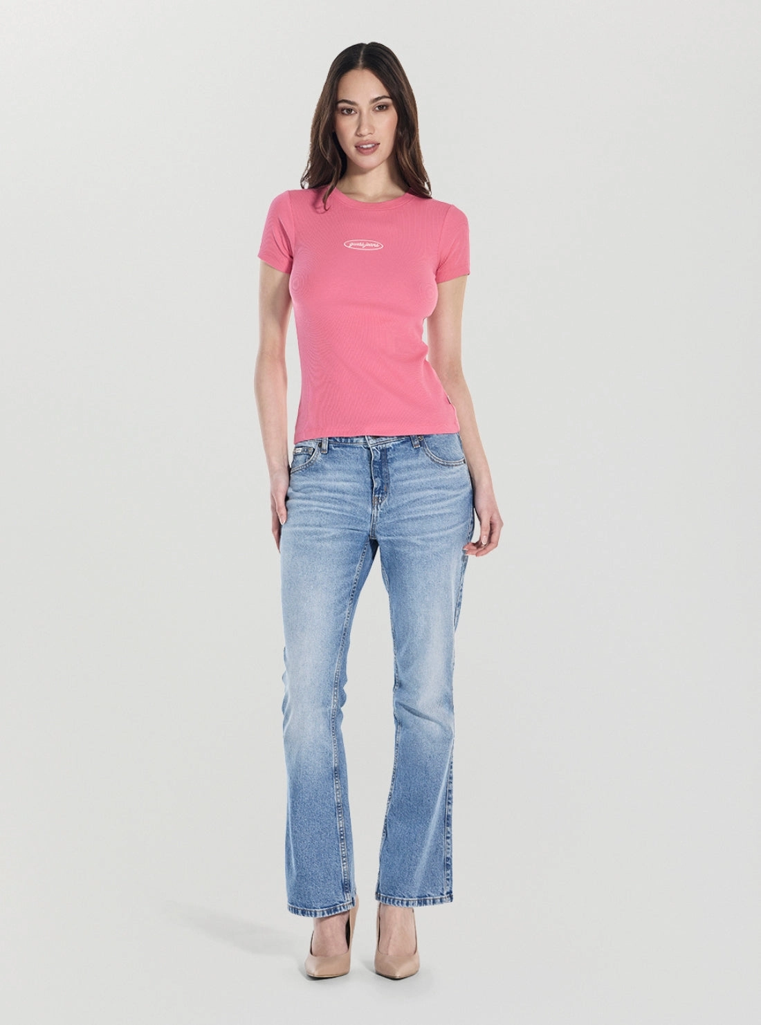 Guess Jeans Pink Slim T-Shirt AntiStatic Weave Ribbed Trim Details