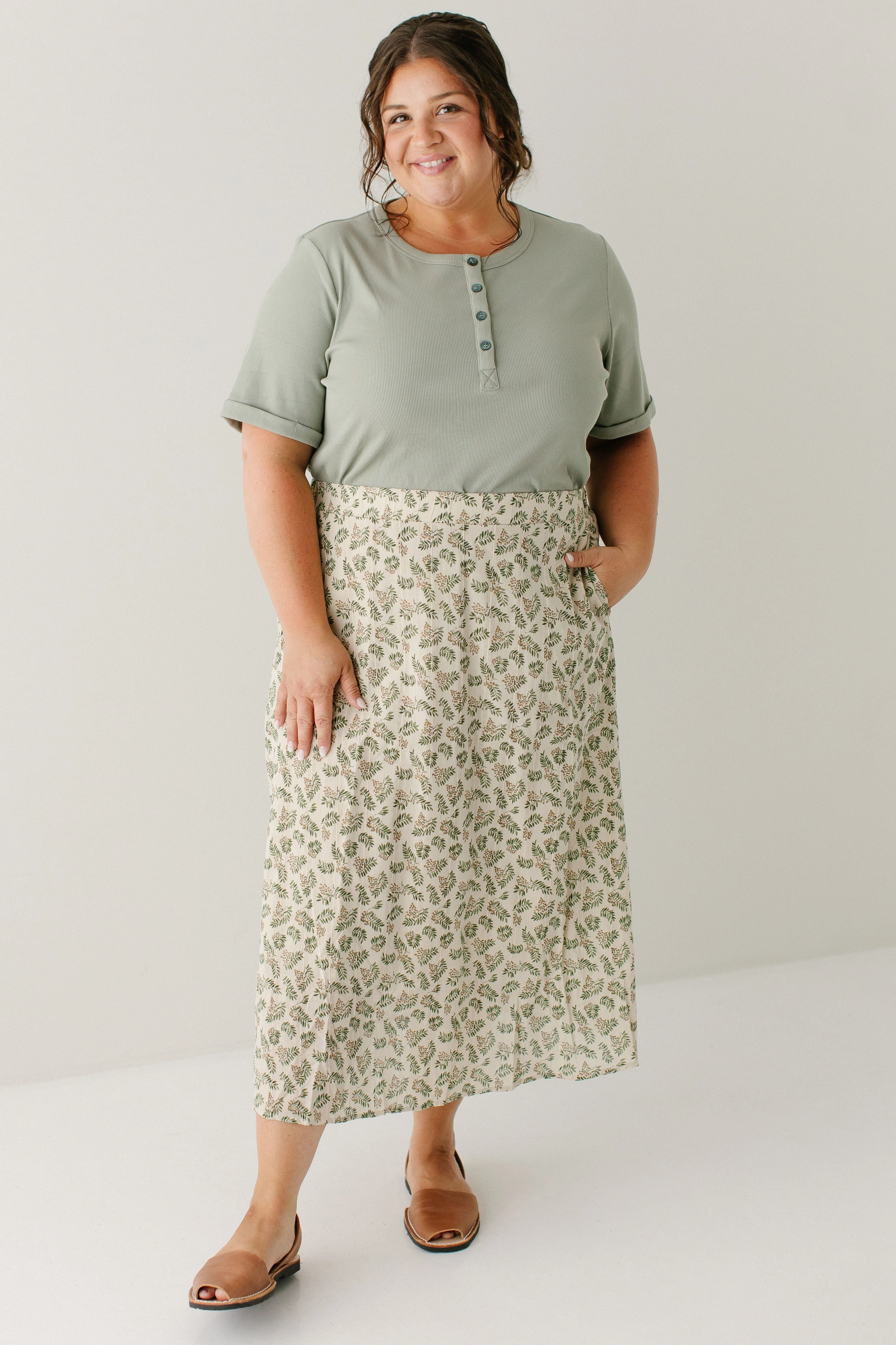 'Acacia' Leaf Print Cotton Midi Skirt in Tan Heritage Inspired
