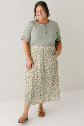 Contemporary Mood 'Acacia' Leaf Print Cotton Midi Skirt in Tan