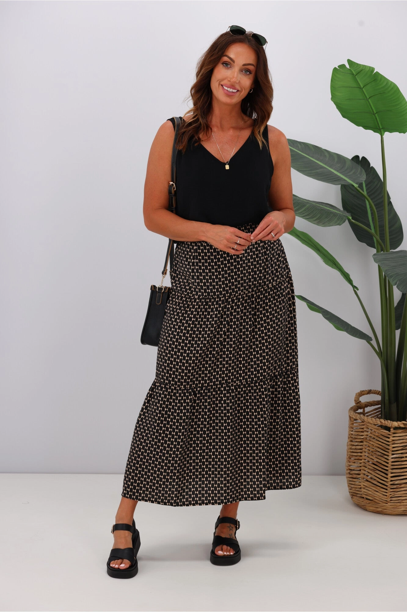 Gloss by Shine On Lucerne Tiered Maxi Skirt Black Natural Geo Everyday Vibe