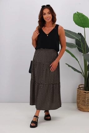Gloss by Shine On Lucerne Tiered Maxi Skirt Black Natural Geo High Street Chic flared silhouette