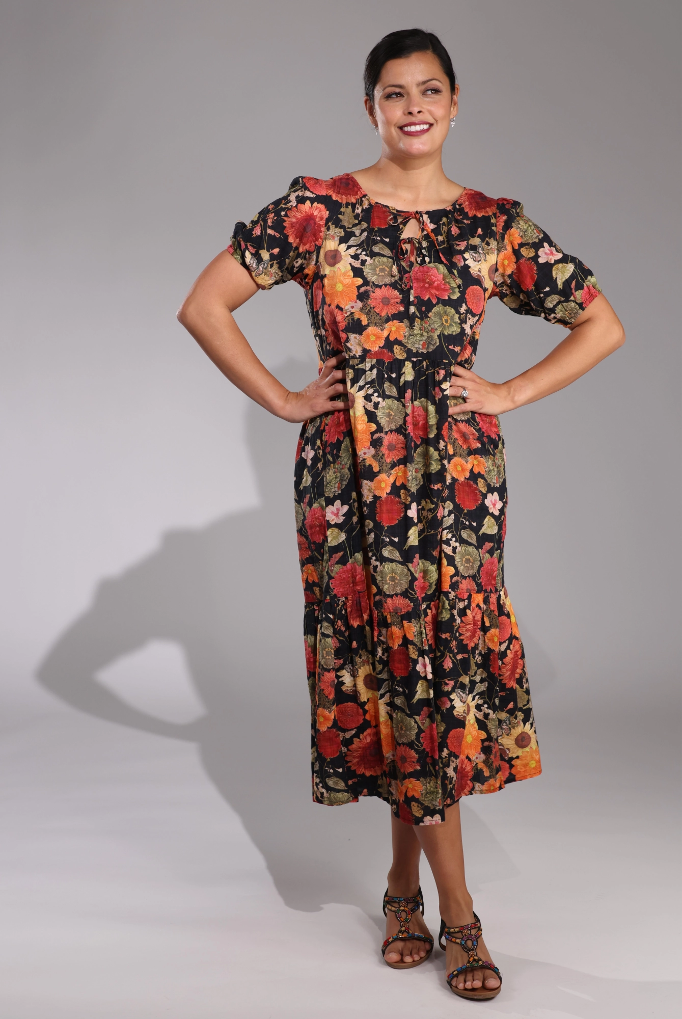 Midi Summer Dress | Sunset Black Garden | 6537C1 Versatile Comfort Wear Sleek Vibe