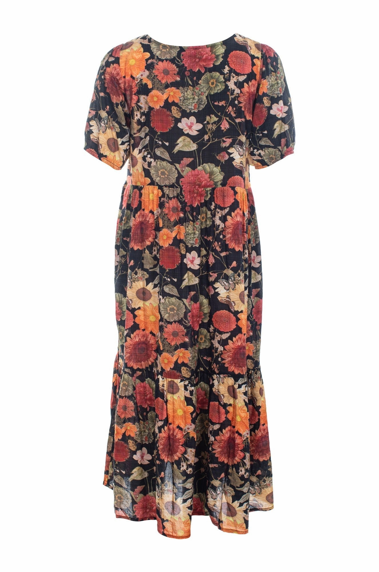 Smart Waist Design Flawless Waistband Midi Summer Dress | Sunset Black Garden | 6537C1