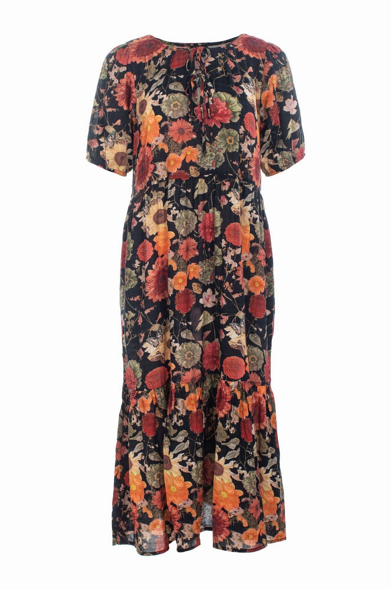 Midi Summer Dress | Sunset Black Garden | 6537C1 Soft Mesh Quick Glam