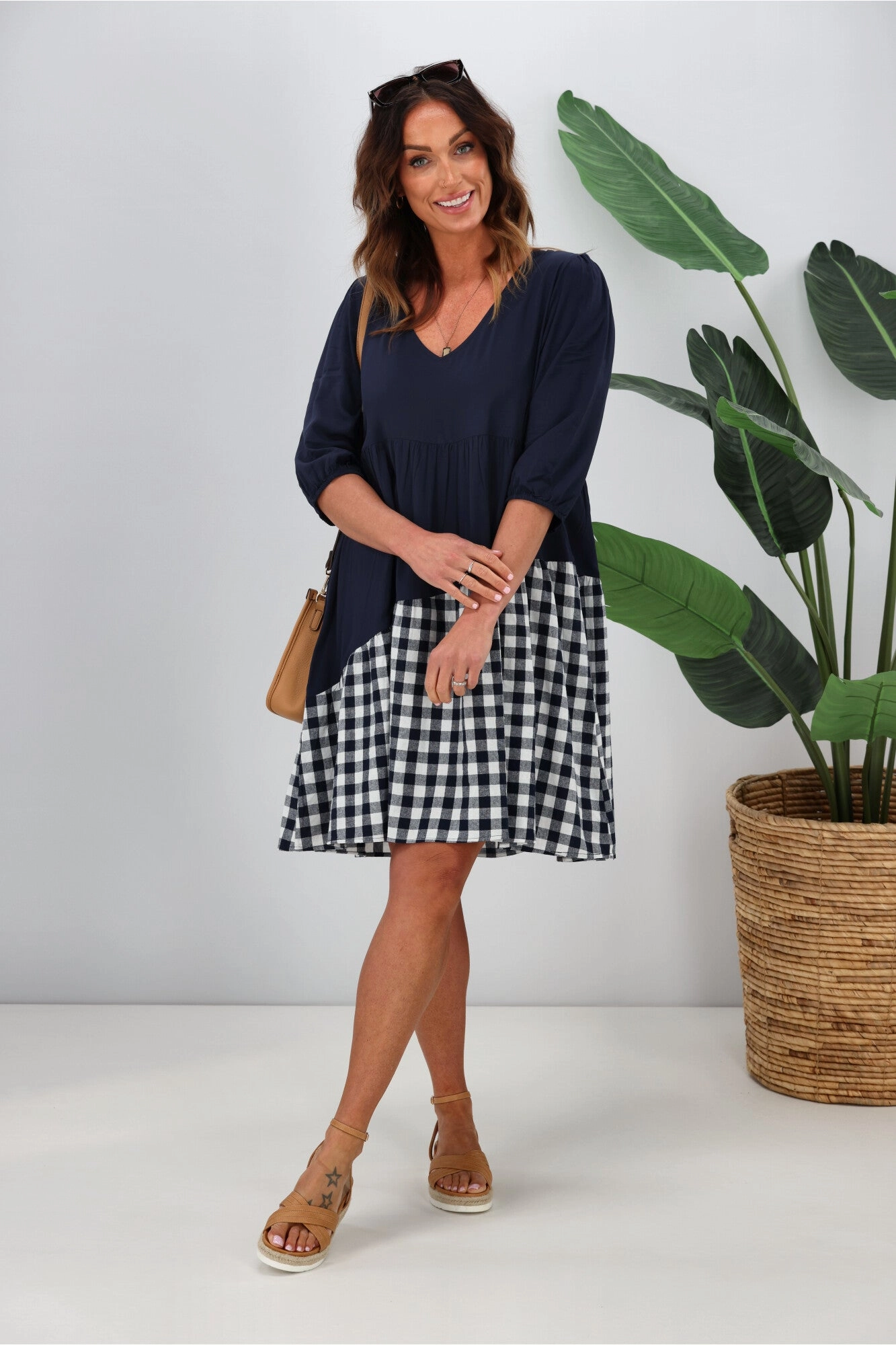 Farm Scene Silver Wishes Gingham Contrast Angle Tiered Dress  Navy