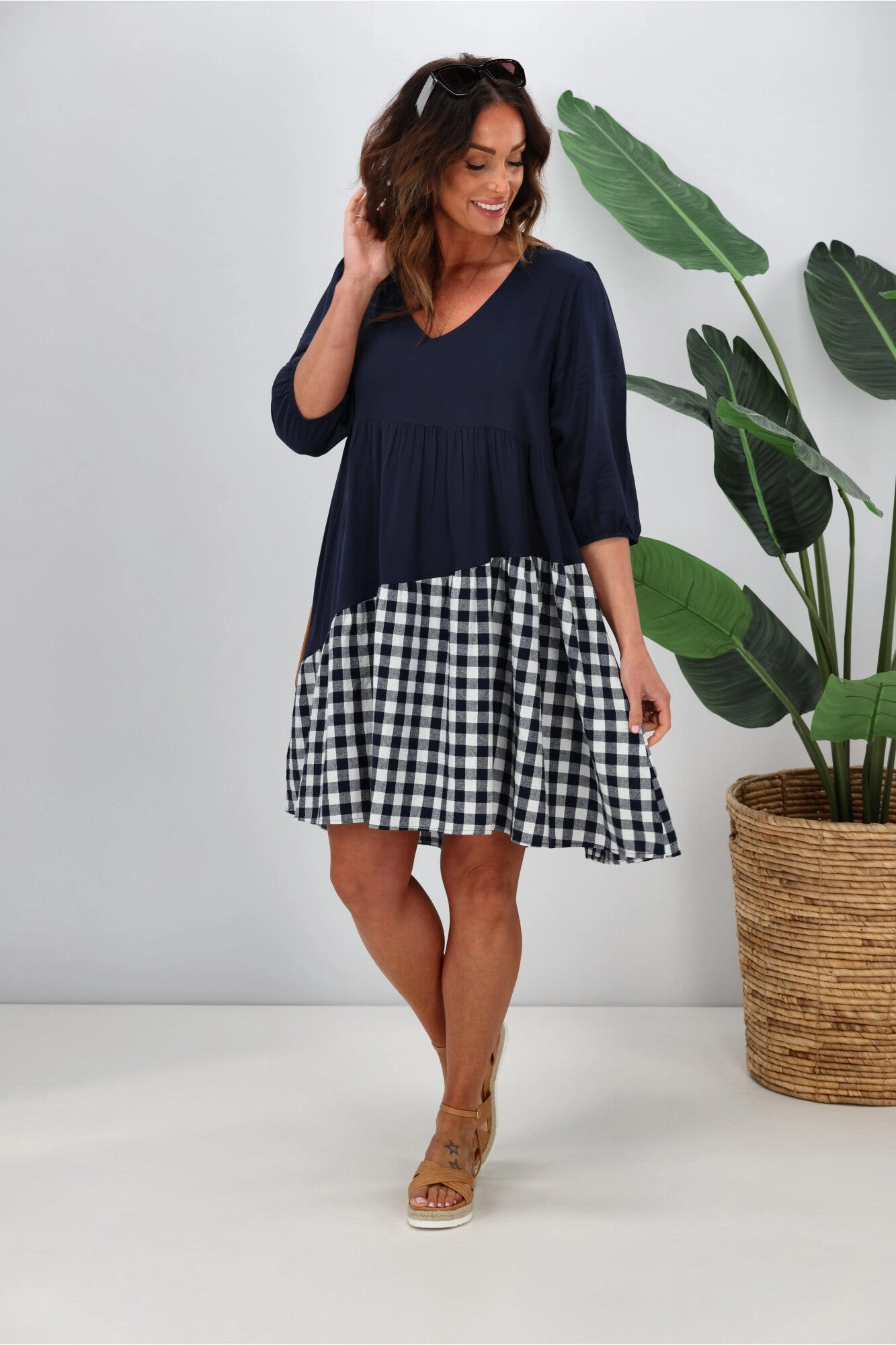 Comfortable fit for outings Breathable wear Silver Wishes Gingham Contrast Angle Tiered Dress  Navy
