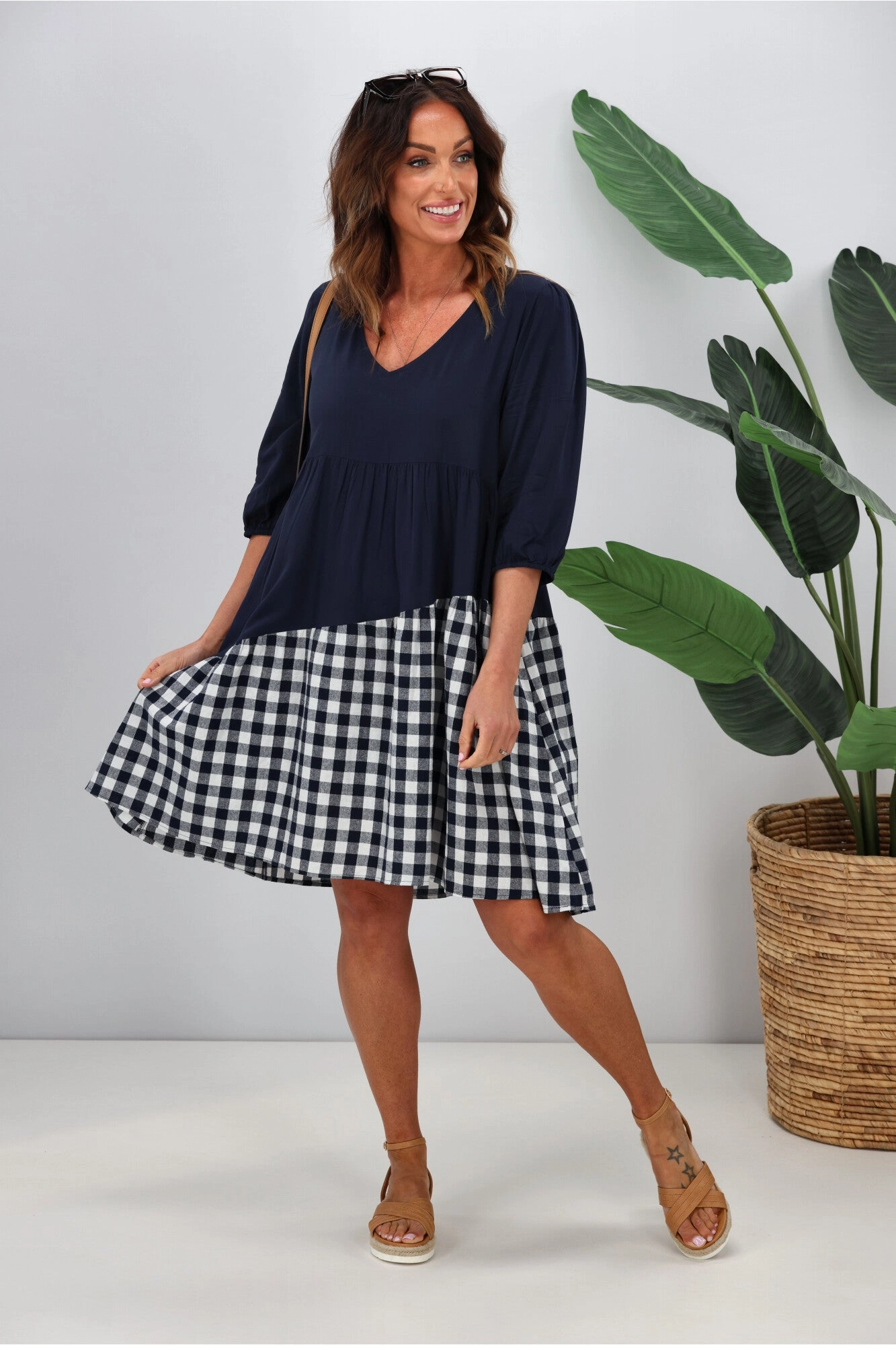 Silver Wishes Gingham Contrast Angle Tiered Dress  Navy Church Scene