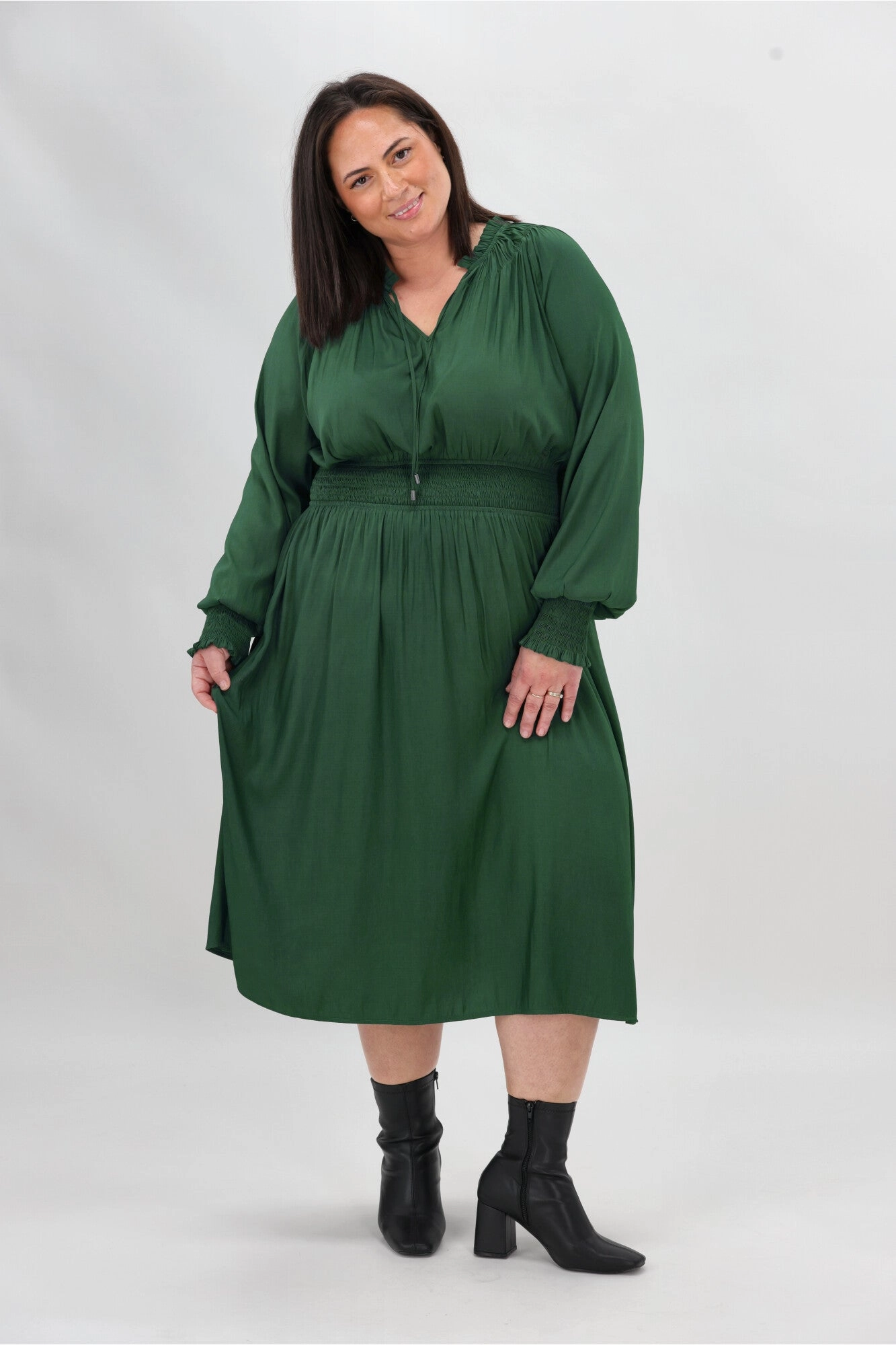 Timeless Fit Gloss The Label Mel Shirred Waistband Dress Green