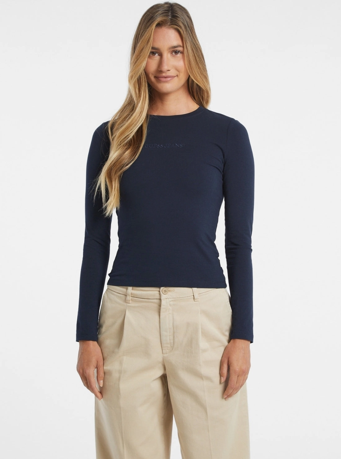 Microfiber Material Guess Jeans Blue Slim Long Sleeve T-Shirt