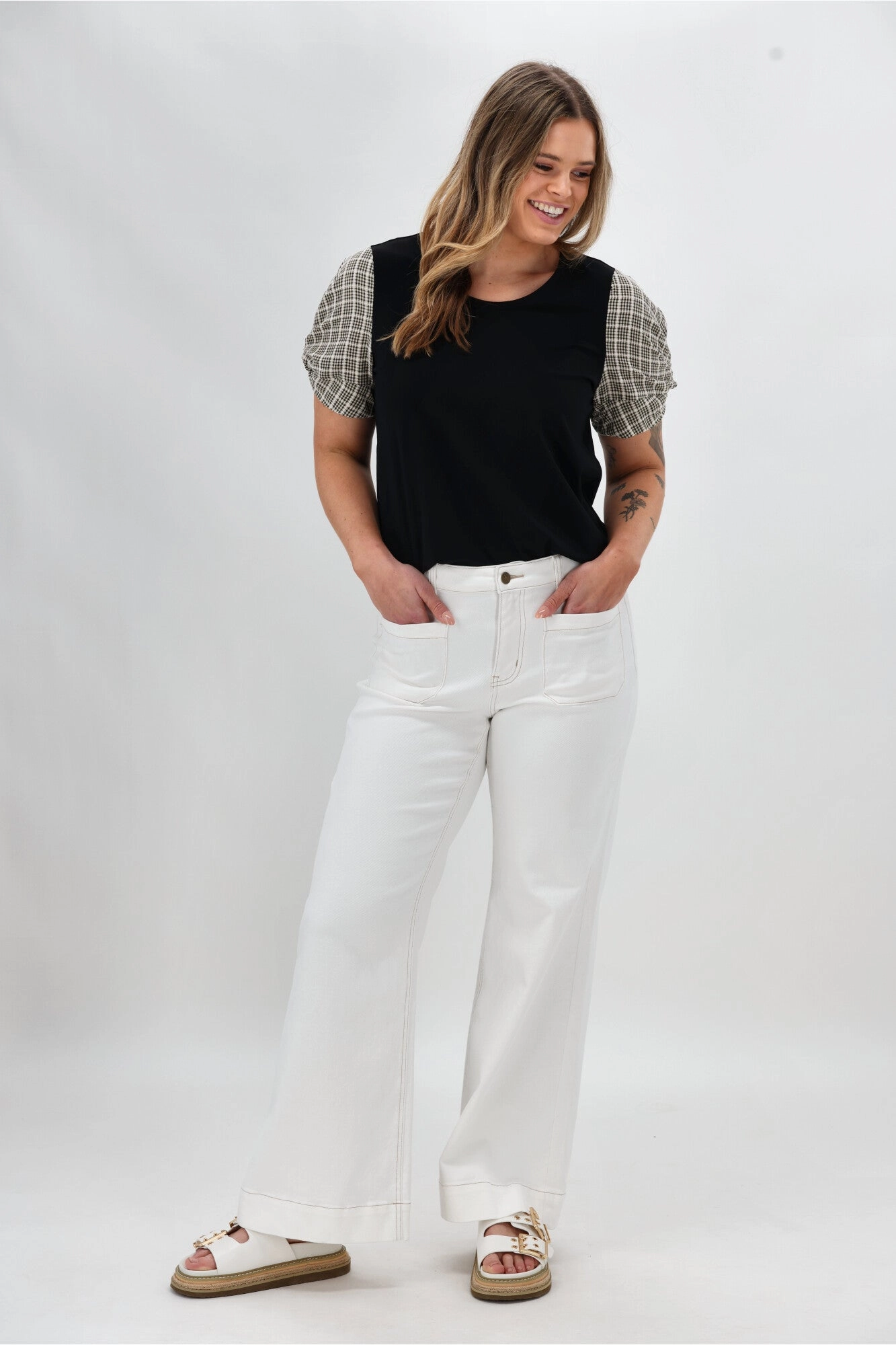 Shine On Label Garan Spliced Knit Tee with Woven Check Sleeve Black Natural All-Day Comfort Wear Seam Free Shoulders