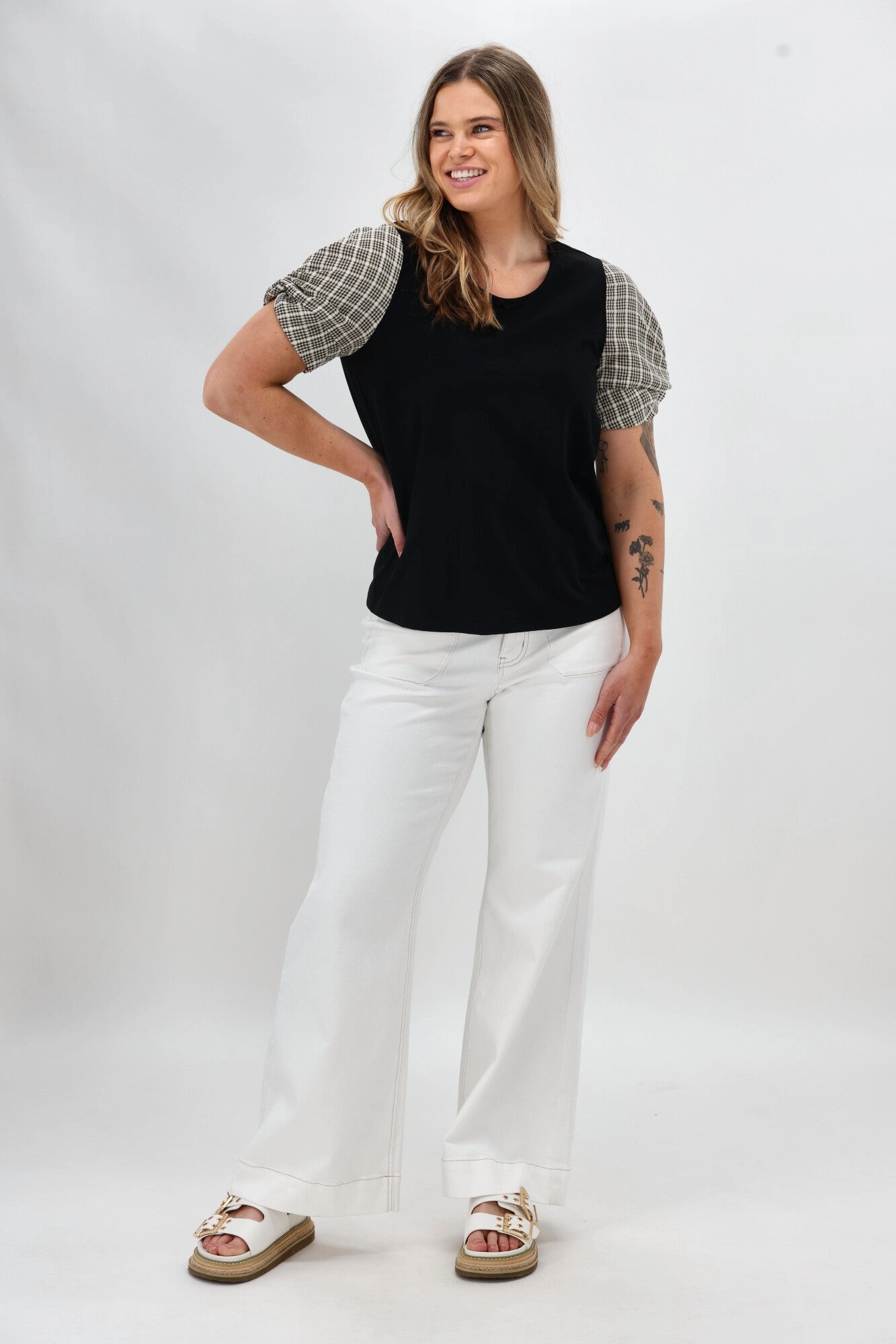 Street Smart Shine On Label Garan Spliced Knit Tee with Woven Check Sleeve Black Natural