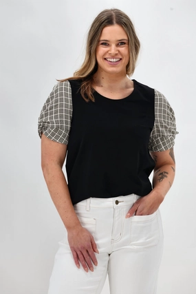 Shine On Label Garan Spliced Knit Tee with Woven Check Sleeve Black Natural High Quality Printing Sporty Layers