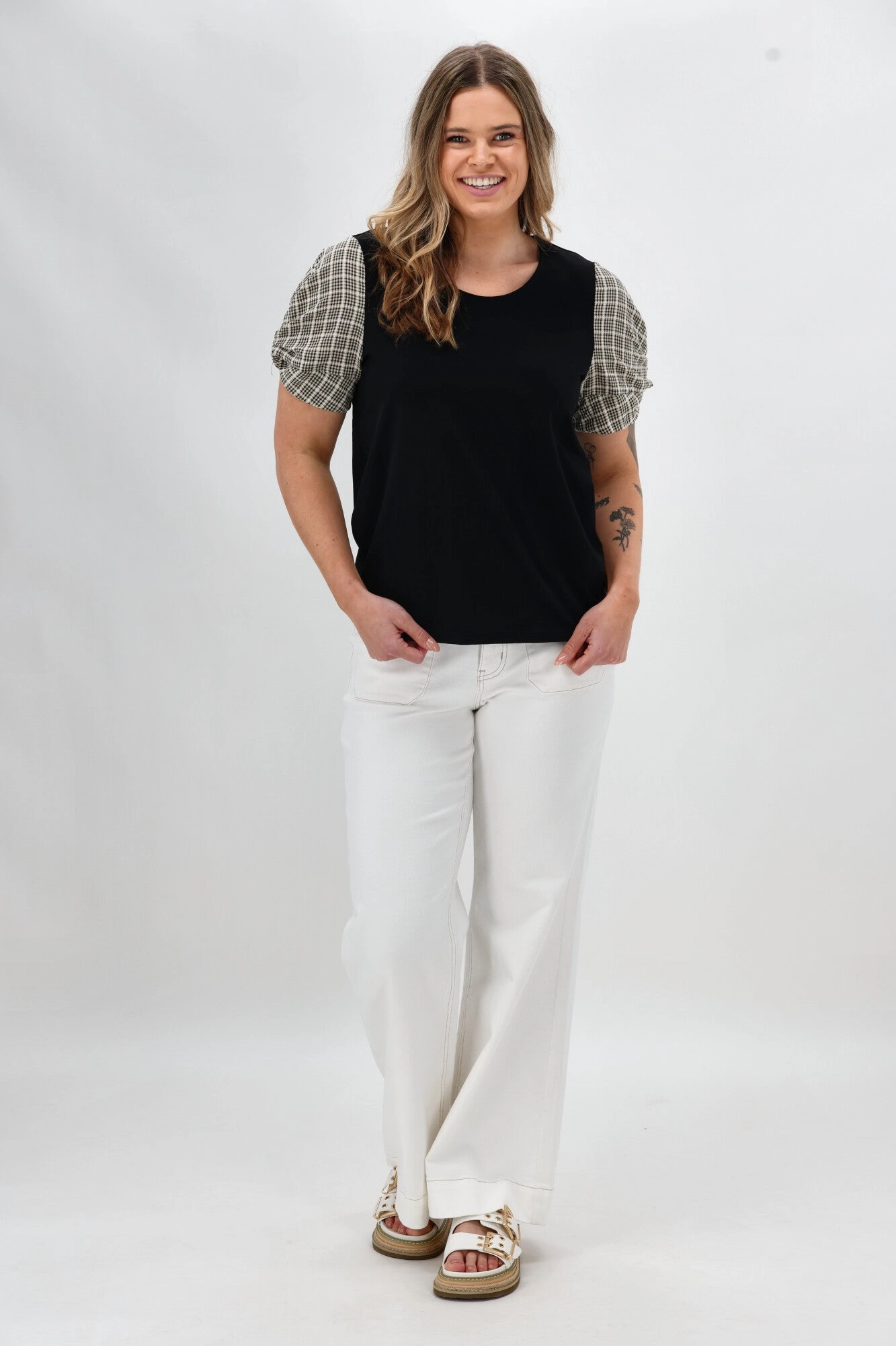 Fashion Must-Have Cozy Layer Shine On Label Garan Spliced Knit Tee with Woven Check Sleeve Black Natural