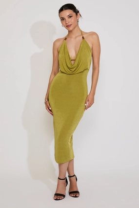 BEADED COWL NECK HALTER MIDI DRESS Garden Fresh Versatile Layer