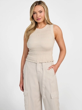 ribbed texture Lightweight Weave Beige Claire Smock Tank Top