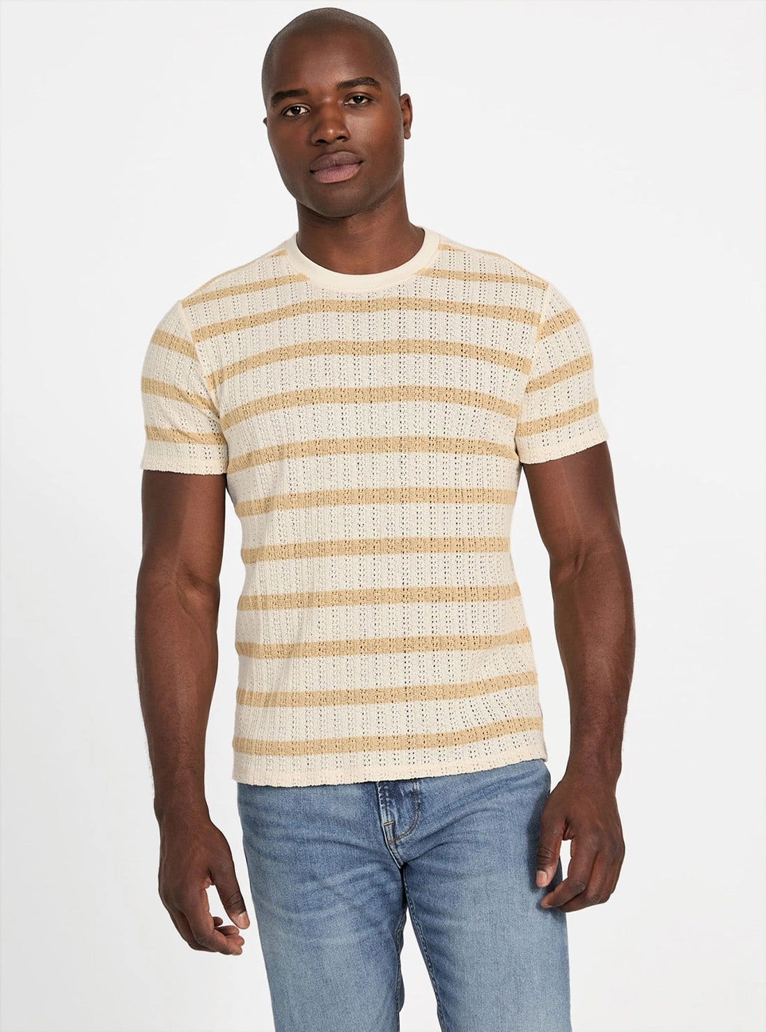 DurableStitching Beige Elon Textured Striped T-Shirt