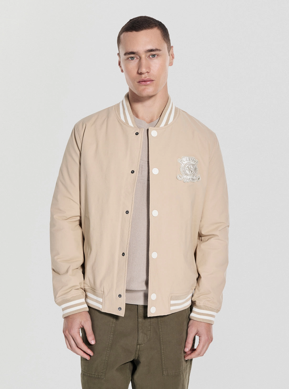 Adjustable Hood System Breathable Lining Beige Emblem Bomber Jacket