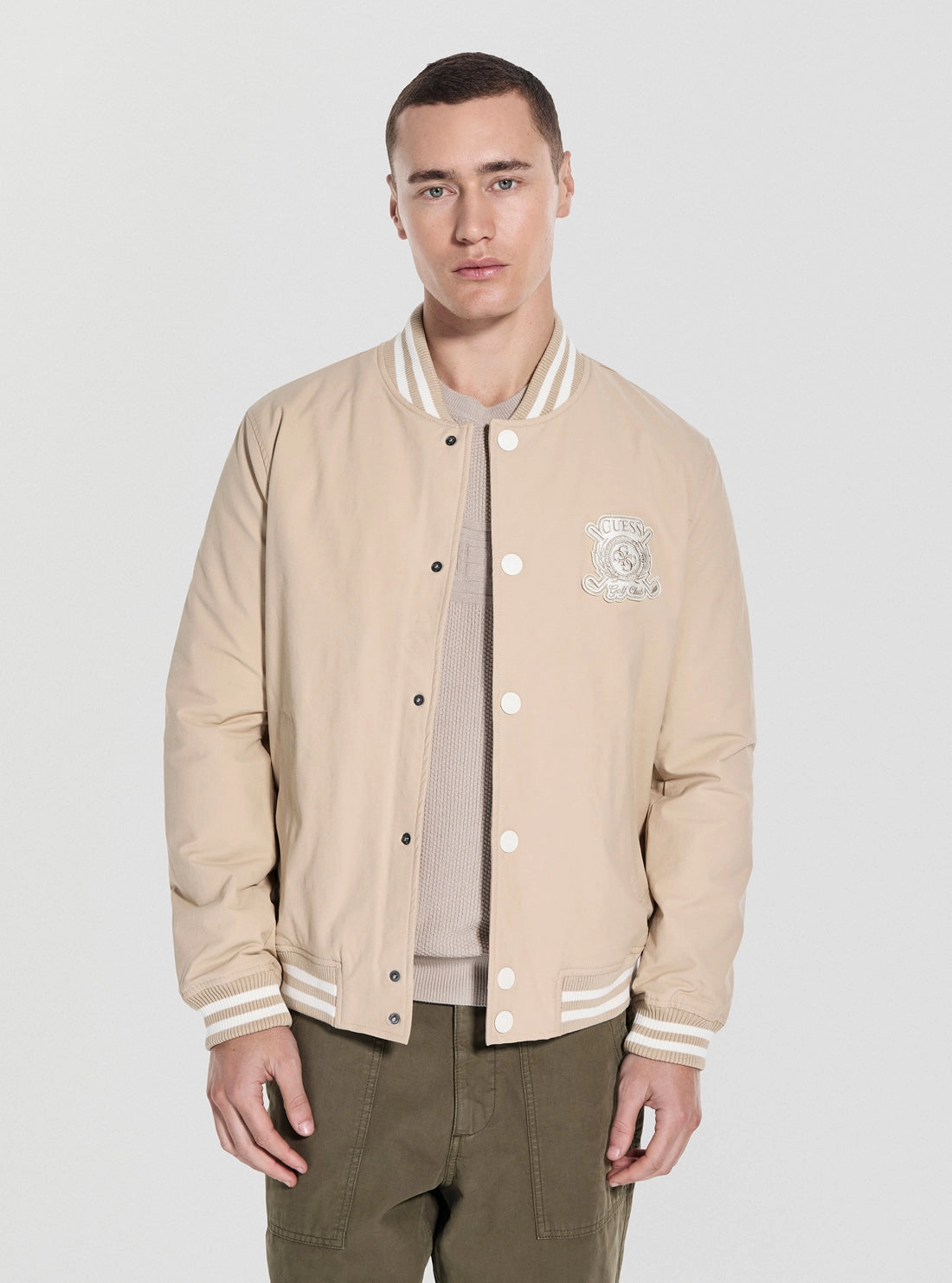 Rainy Day Option Beige Emblem Bomber Jacket