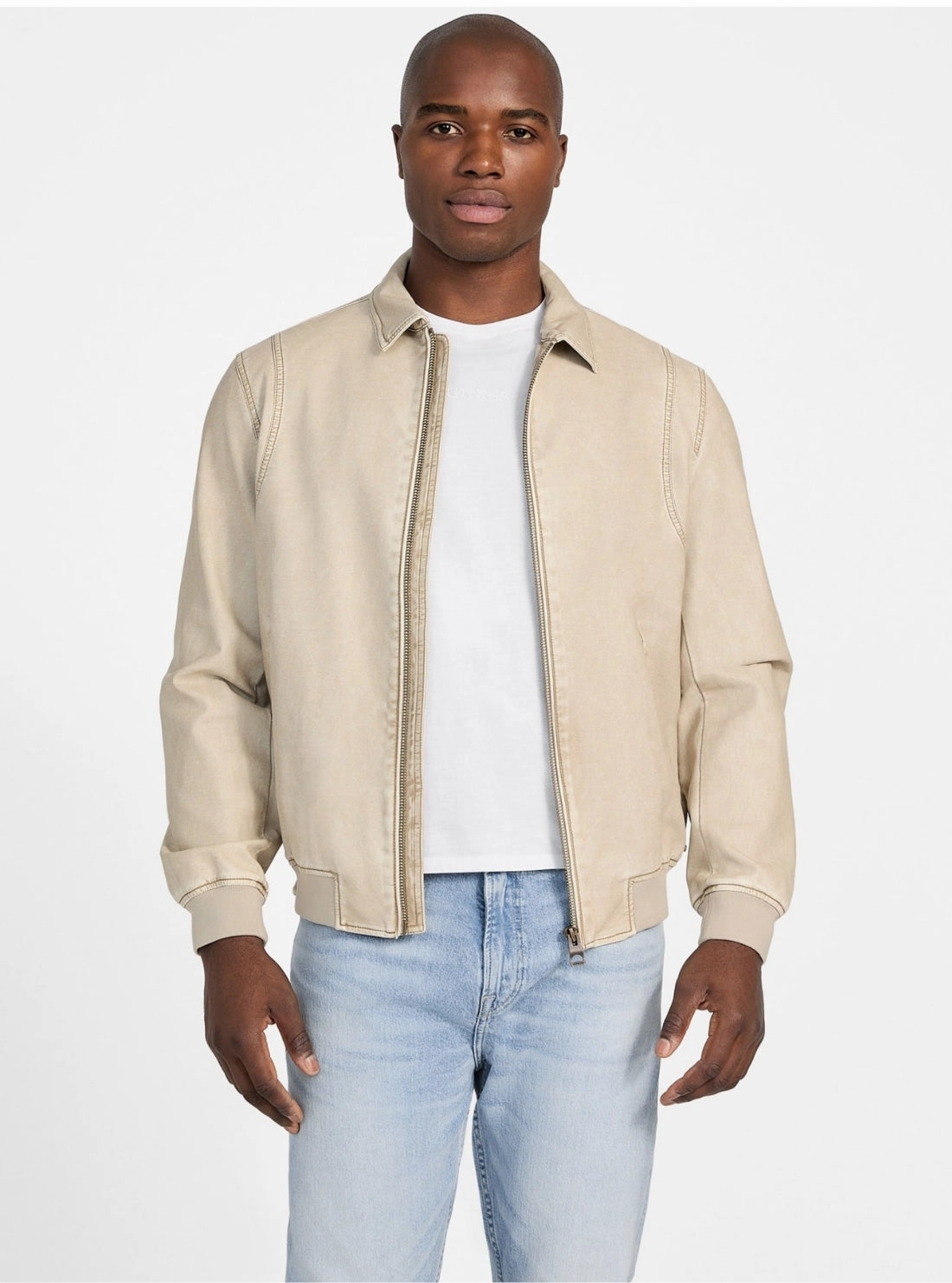 Beige Faux-Leather Aviator Bomber Jacket Modular Attachment System Crisp Layer