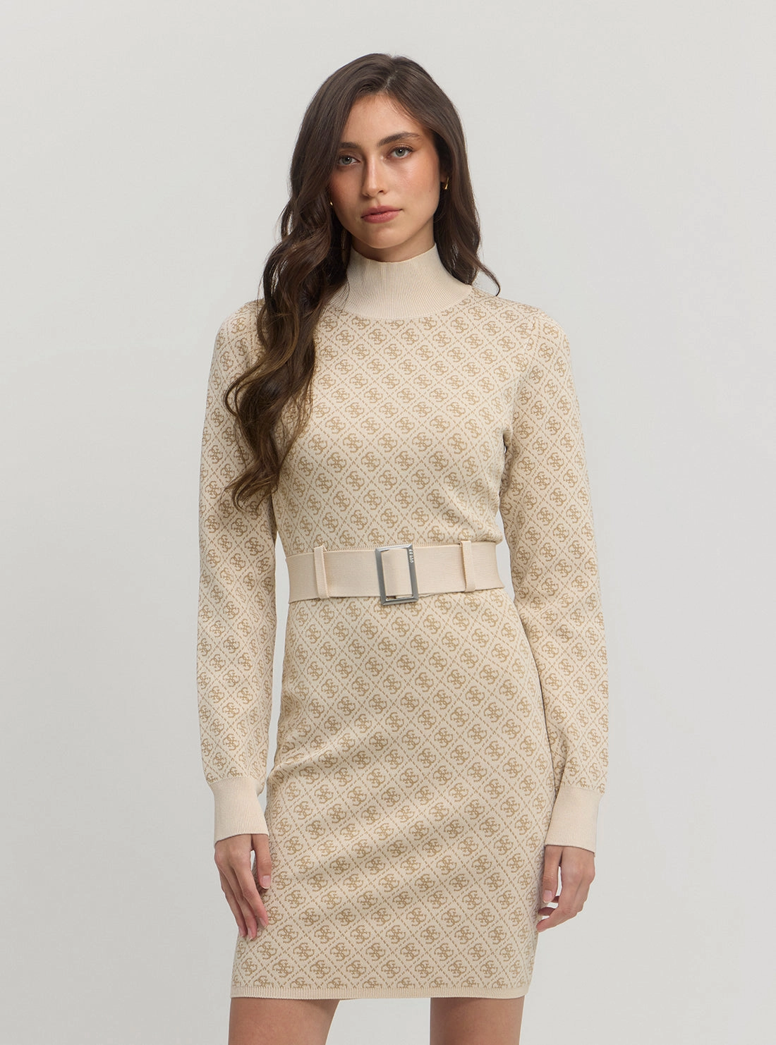 Form Focus Built-In-Slip Beige Logo Belted Knit Midi Dress